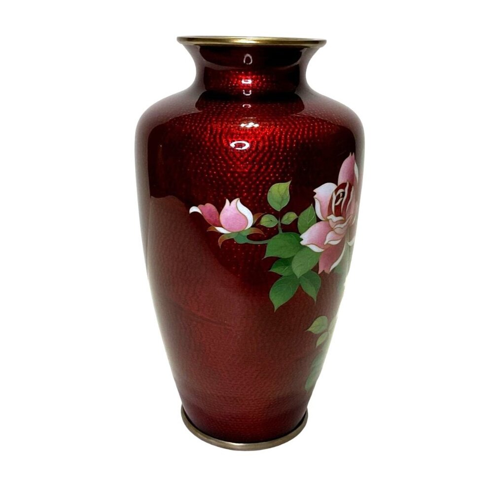 Vtg Signed Sato Red Pigeon Blood Japanese Cloisonne Silver Vase 7.25" Tall - Picture 2 of 8